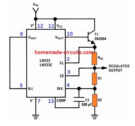 具有恒定输出电压和恒定输出电流的基本IC 723稳压电路