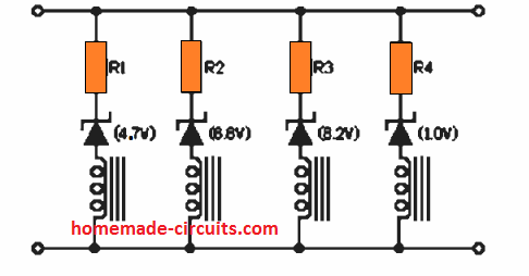 使用齐纳二极管的顺序继电器开关电路