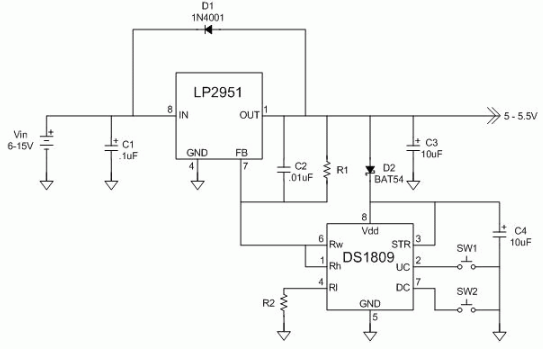 使用DS1809<b class='flag-5'>控制</b>可变<b class='flag-5'>电压</b>电源（按钮<b class='flag-5'>控制</b>）