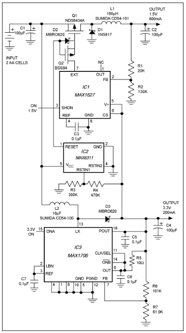 两节AA电池<b class='flag-5'>供电</b>的降压<b class='flag-5'>转换器</b>和3.3V<b class='flag-5'>升压</b>控制器