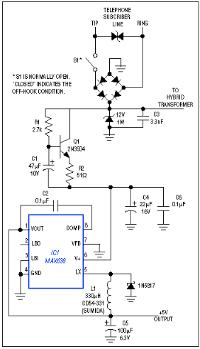 48V至5V DC-DC转换器采用MAX638开关降压型稳压器从<b class='flag-5'>电话线</b>借电