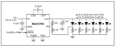 降压/升压电荷泵稳压器采用1.6V至5.5V宽输入为<b class='flag-5'>白光</b><b class='flag-5'>LED</b>供电