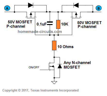使用 p 沟道 MOSFET 的双向开关电路