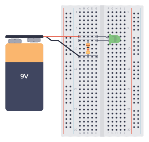 完整的电路，LED 和电阻器连接在试验板上