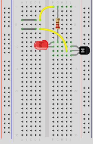 Breadboard with the touch sensor circuit connected, without power connections.