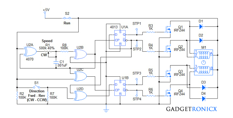 使用IC4070和IC4013构建的步进电机控制器电路