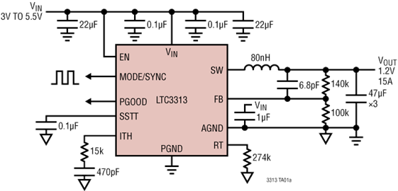 5 V、15 A 同步降压 Silent Switcher 采用 3 <b class='flag-5'>mm</b> x 3 <b class='flag-5'>mm</b> LQFN <b class='flag-5'>封装</b>