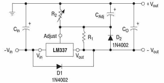 LM337 应用电路显示如何使用保护二极管