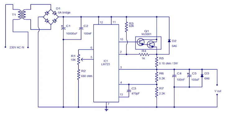 采用LM723的3V/723A可调稳压器电路