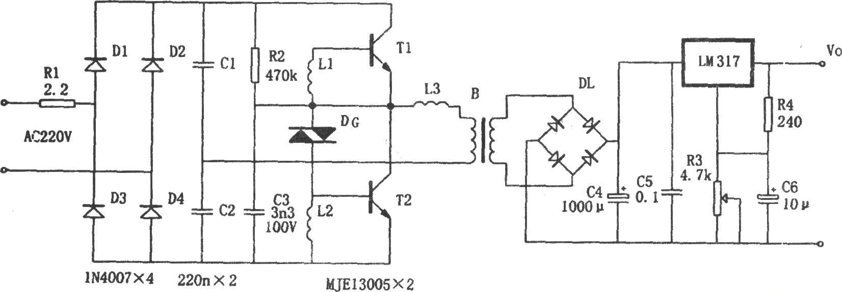 LM317构成的电子变压稳压电源电路