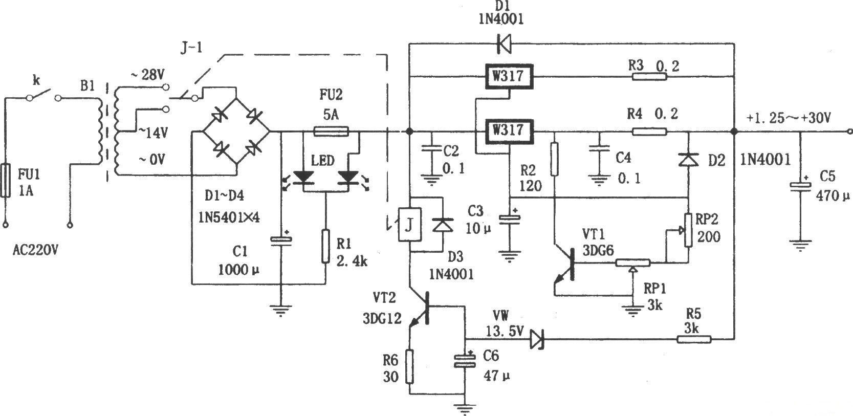 LM317构成的自适应可调稳压电源电路