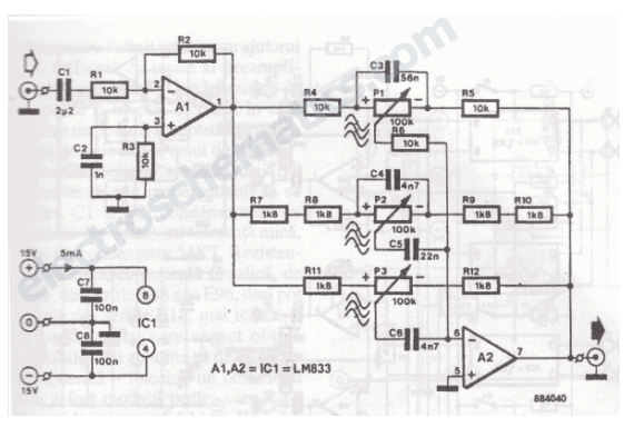 基于LM833的3頻段音頻均衡器電路圖