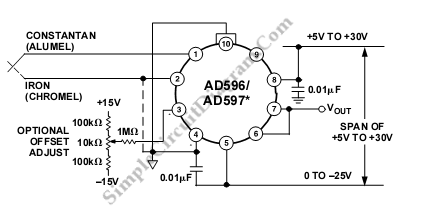 AD596/AD597 J-K热电偶信号调理器电路