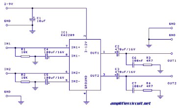 基于KA2209的1瓦立体声音频<b class='flag-5'>放大器</b>电路图