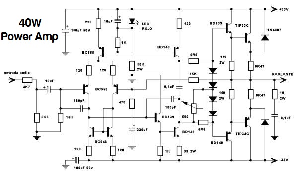 基于功率晶体管TIP33C和TIP34C的40W功率放大器电路图