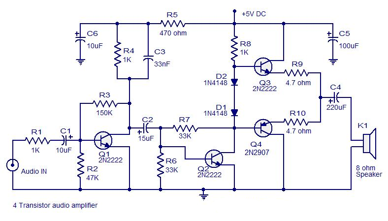 4晶体管AB类音频放大器电路图