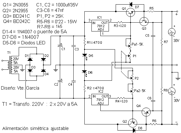 0-30V/5A可调对称电源电路图