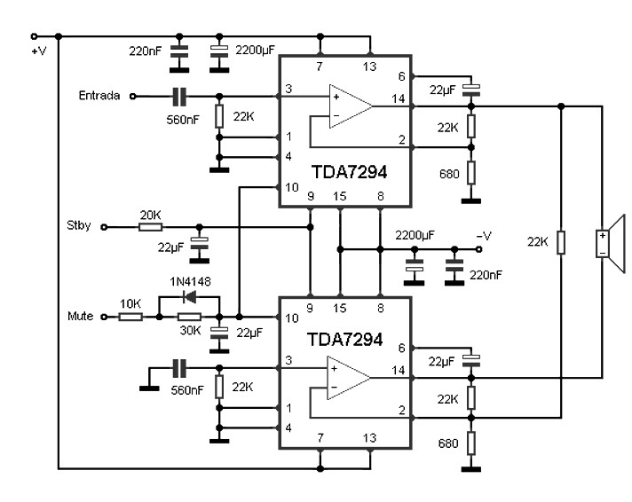 基于TDA7294的100W桥式放大器电路图