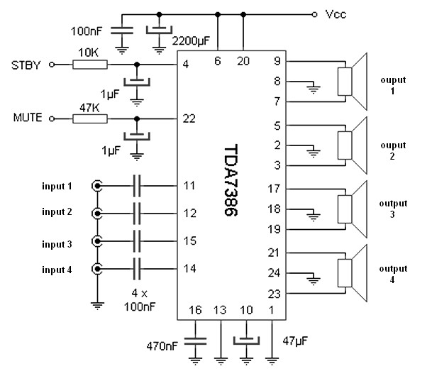 基于TDA7386的4通道汽車放大器電路圖