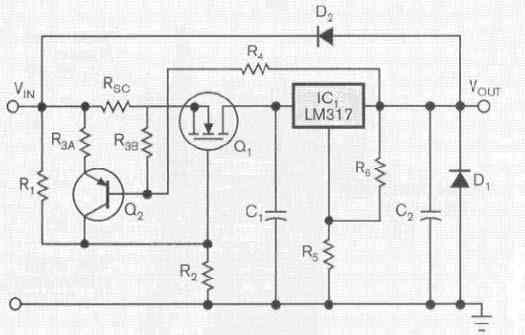 使用MOSFET进行<b>过</b><b>流</b><b>保护</b>的<b>电路</b>原理图