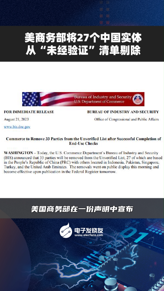 美商务部将27个中国实体从“未经验证”清单剔除