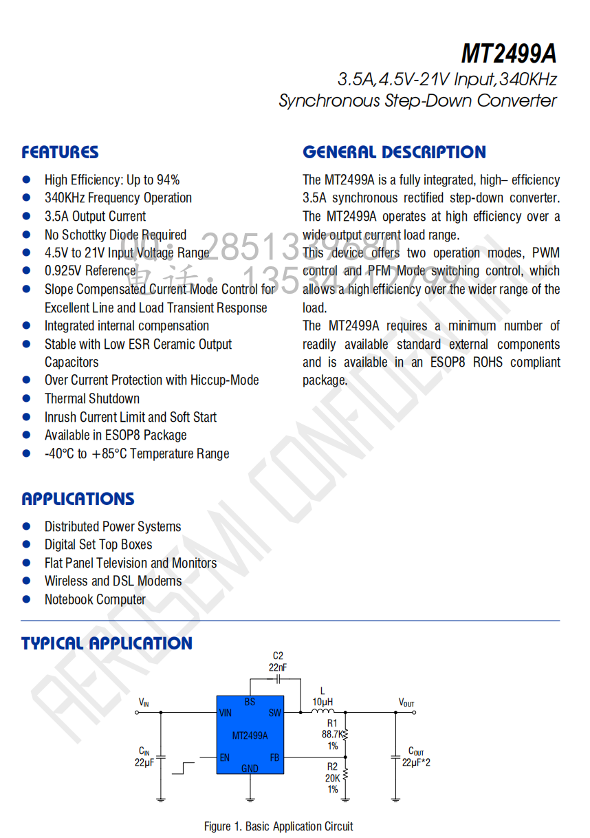 MT2499A 3.5A，4.5V-21V输入，<b class='flag-5'>340kHz</b>同步降压转换器芯片
