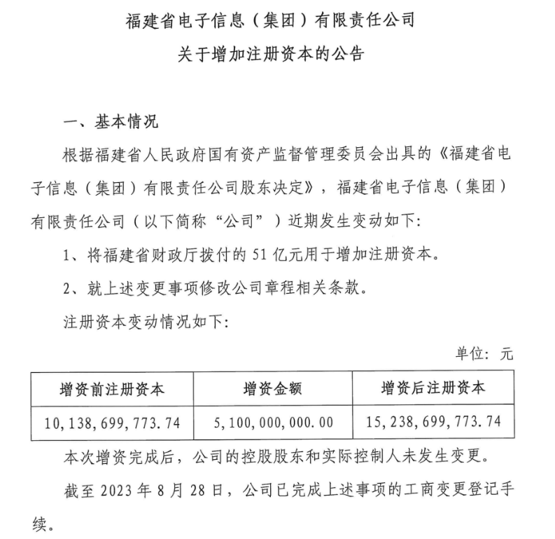 福建省电子信息集团注册资本增至152.39亿