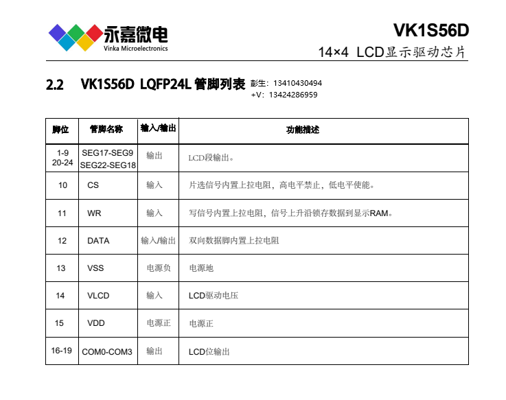 LCD驱动控制器点阵式液晶显示芯片IC VK1S56D