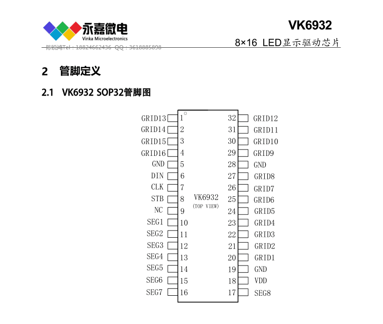 数码管或点阵LED驱动控制专用芯片VK6932介绍
