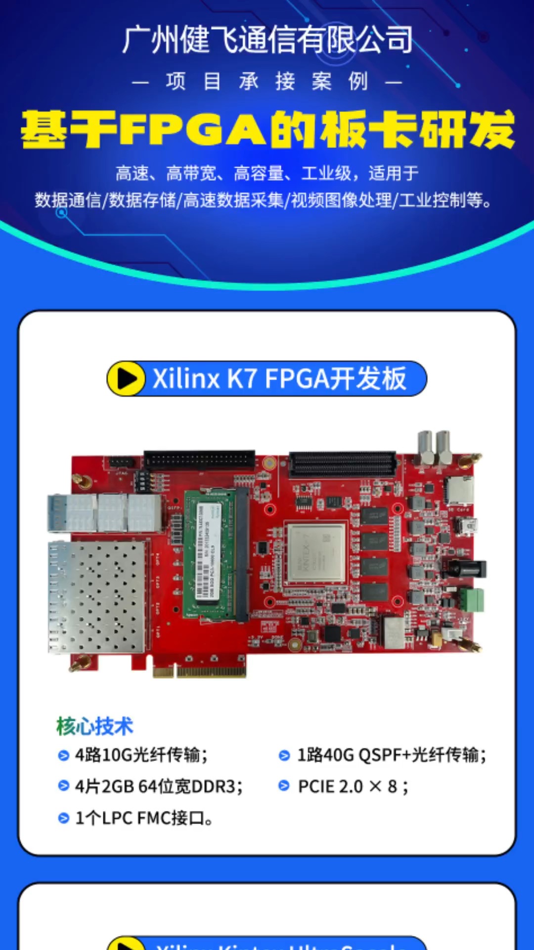 #fpga 

基于FPGA的板卡研發：高速、高帶寬、高容量、工業級。
適用于高于數據通信/數據存儲/高速數據