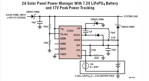 使用LT3652設計的太陽能電池充電器電路