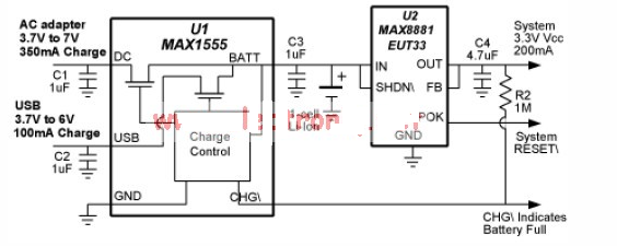 使用<b class='flag-5'>MAX</b>1555设计的USB<b class='flag-5'>充电器</b>电路