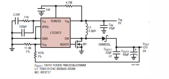 使用LTC3872設計的高功率5至12伏轉換器電路