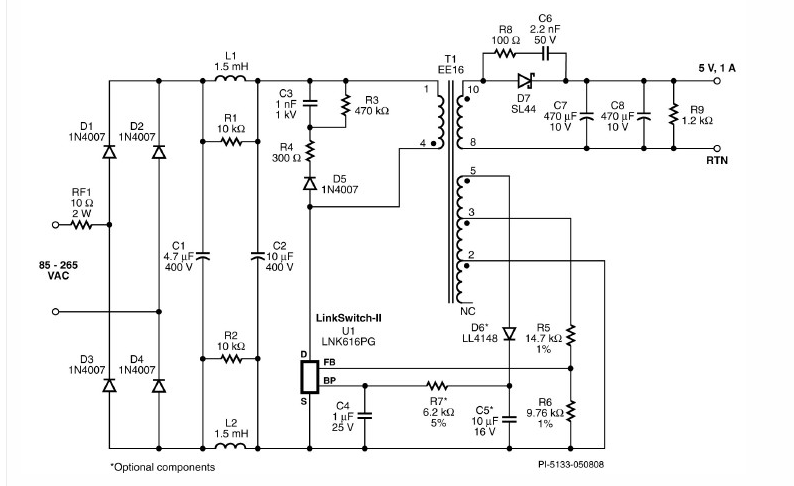 采用LNK616PG的5伏恒定充电器电路