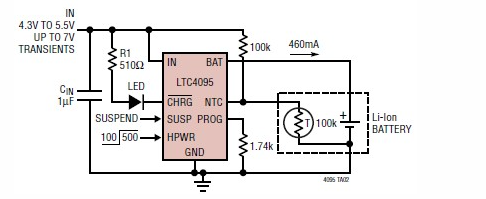 使用LTC4095的锂<b class='flag-5'>聚合物</b>充电器电路