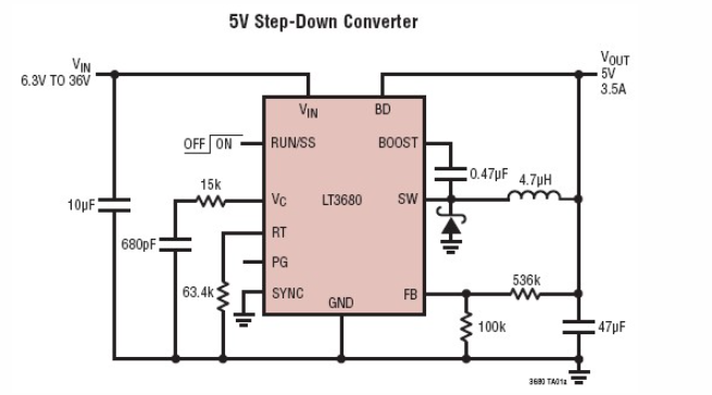 基于LT3680设计的5v直流电源开关转换器电路