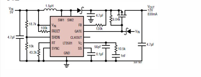 基于<b class='flag-5'>LT3581</b>的5至12V转换器电路图