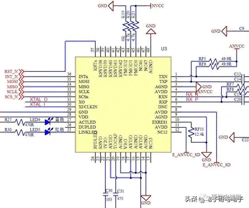 图6 w5500原理图图7 是rj45电路图,带有2个指示灯,内部嵌有网络变压器