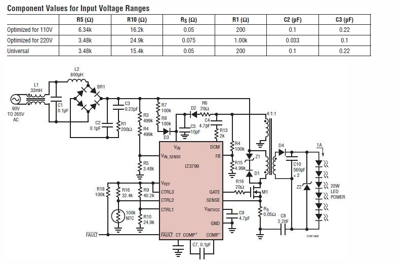 采用<b class='flag-5'>LT3799</b>设计的三端双向可控硅调光LED驱动器电子电路