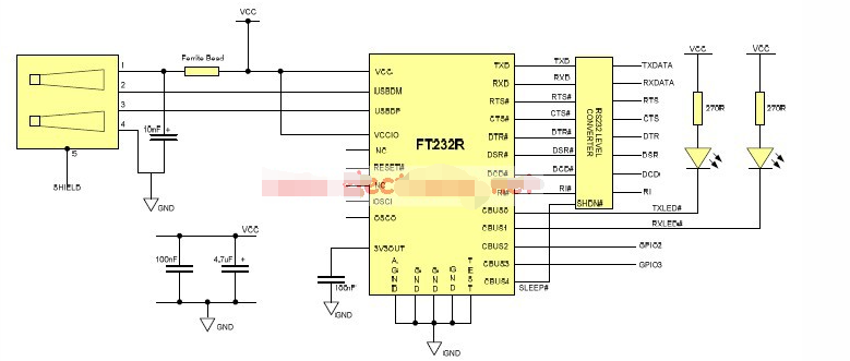 USB轉串行RS232適配器電路