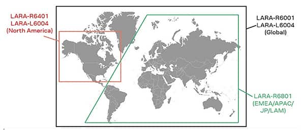 LARA-R6 模块的地区版本地图