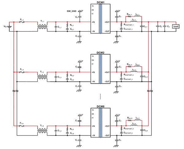 电路图显示了四个 DCM 转换器在并联阵列模式下运行（点击放大）