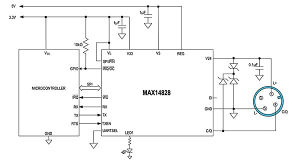 Analog Devices 的 MAX14828ATG+ IO-Link 收发器 IC 示意图（点击放大）
