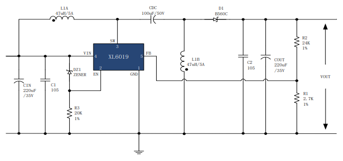 XL6019SEPIC升降壓恒壓方案原理圖