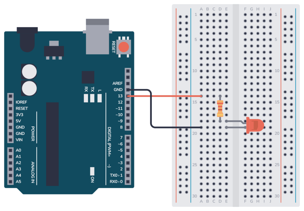 Arduino闪烁的LED连接在面包板上