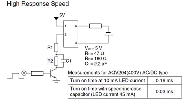 自举元件 R1/R2/C1 的示意图提高了 PhotoMOS 继电器的接通速度