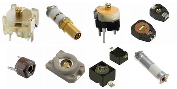各种样式和封装类型的微调电容器和可变电容器的图像