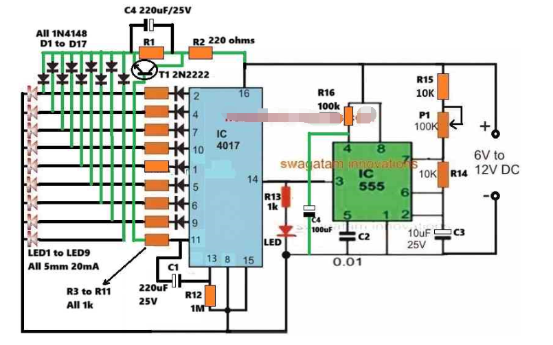 如何使用<b class='flag-5'>IC4017</b><b class='flag-5'>构建</b>追逐LED光波效应发生器电路
