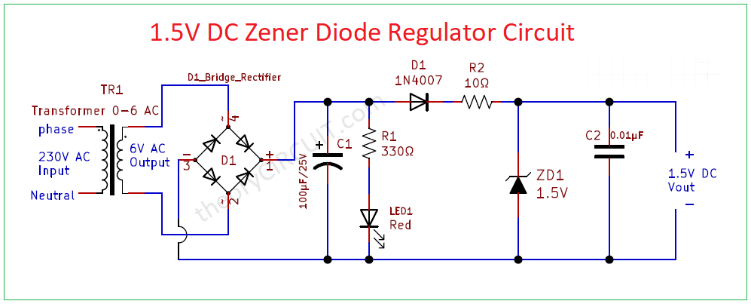 使用齐纳二极管的稳压电源电路图