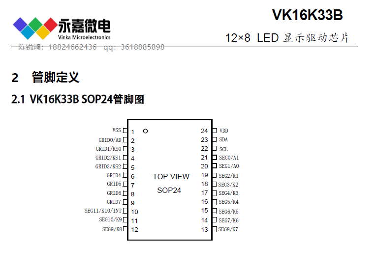 高亮LED驅動芯片VK16K33B/BA <b class='flag-5'>SOP24</b>/SSOP<b class='flag-5'>24</b>-數顯驅動<b class='flag-5'>控制器</b>原廠技術支持